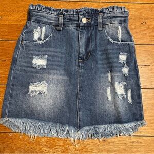 Hayden Girls Dark Blue Distressed Denim Skirt with Frayed Hem
